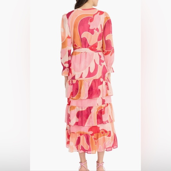 Donna Morgan Long Sleeve Ruffle Tier Print Chiffon Maxi Dress Size 2 - Picture 5 of 15